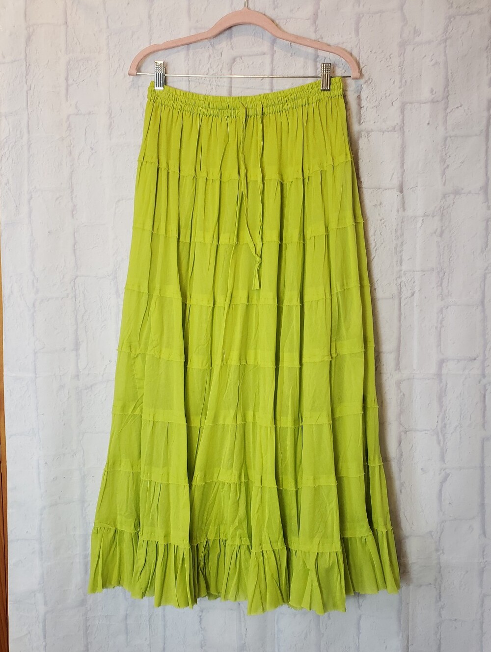 JACKPOT Lime Green Tiered BOHO Broomstick Maxi Skirt One Size